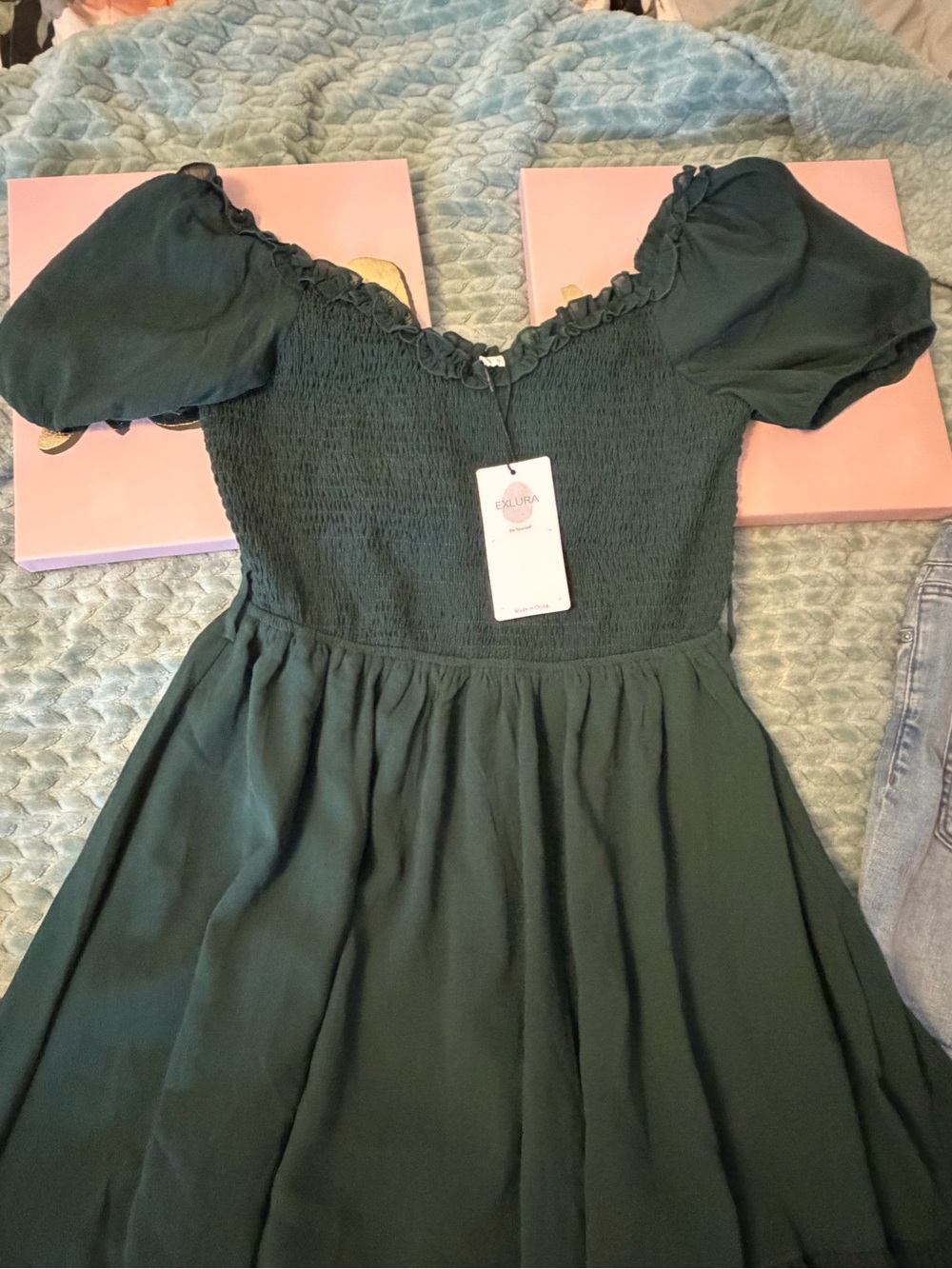 Dark Green Puff Sleeve Smocked Dress - NWT